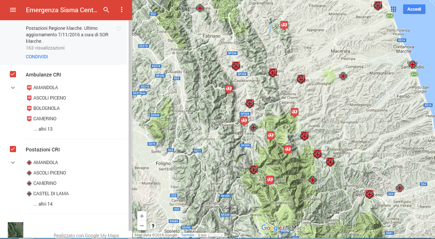 Terremoto – la Sala Operativa Regionale delle Marche lancia la mappa online delle postazioni di Croce Rossa