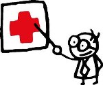 Fumetto che indica una Croce Rossa su un foglio bianco