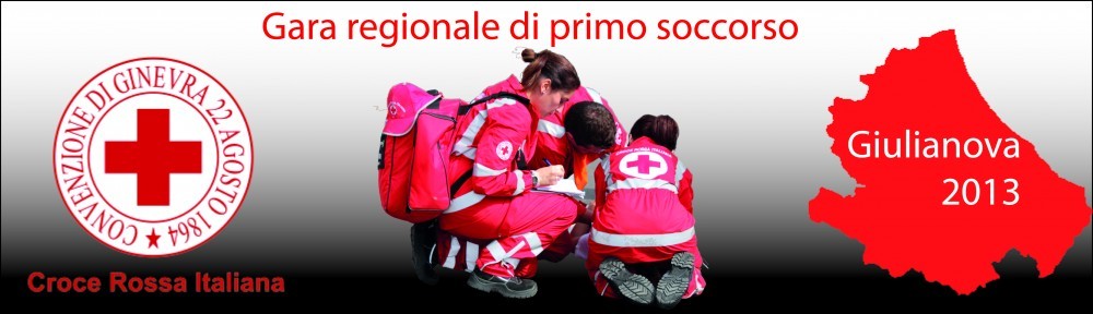 Logo delle gare regionalidi primo soccorso, simbolo della Croce Rossa Italianan e foto di tre volontati che eseguono manovre di primo soccorso