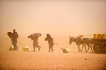 Dopop aver riempito delle taniche d'acqua alcune donne si incamminano nella sabbia del deserto sferzato dal vento