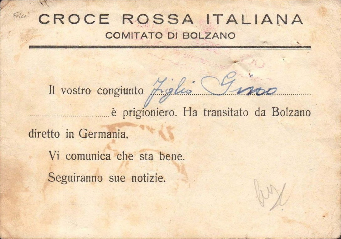 Messaggio postale Croce Rossa di Bolzano