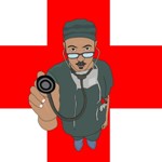 Disegno di un medico con emblema Croce Rossa in sfondo