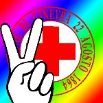 Dita di vittoria su sfondo colorato con emblema croce rossa