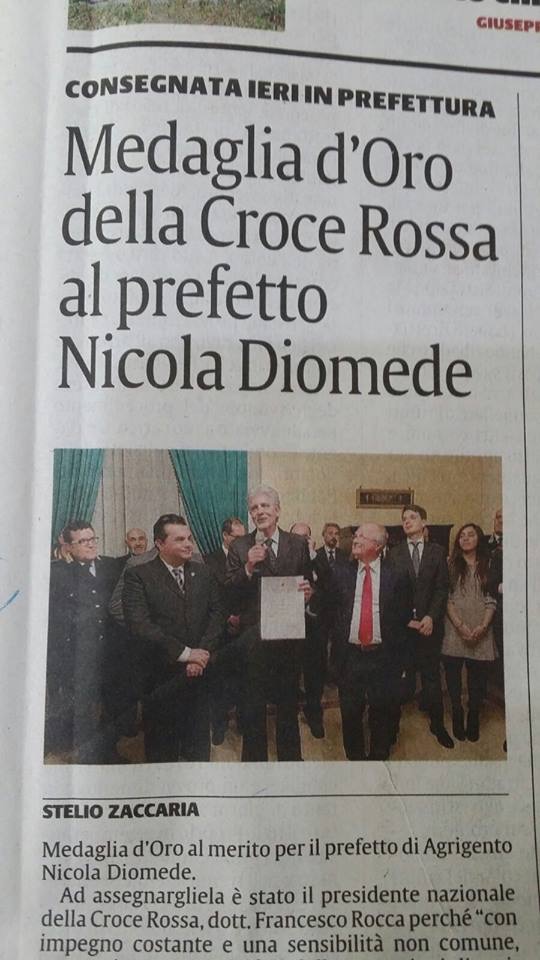 Agrigento. La Croce Rossa Italiana consegna medaglia d'oro al prefetto