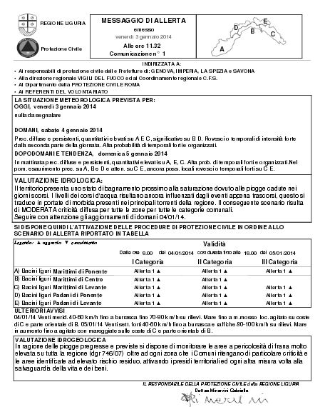 allerta 1 per sabato 4 e domenica 5 gennaio 2014