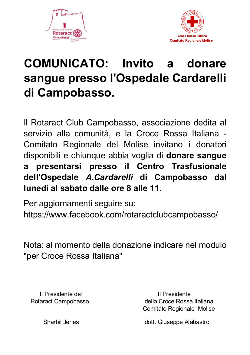 Invito a donare sangue presso l'Ospedale Cardarelli di Campobasso