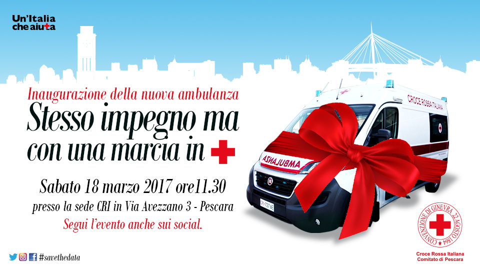 Sabato 18 Marzo il Comitato CRI di Pescara presenterà la nuova ambulanza acquistata dall’unità territoriale. La conferenza stampa, indetta dal Presidente del Comitato, Avv. Fabio Nieddu, si terrà alle 10.30 nei locali CRI di Via Avezzano 3.  